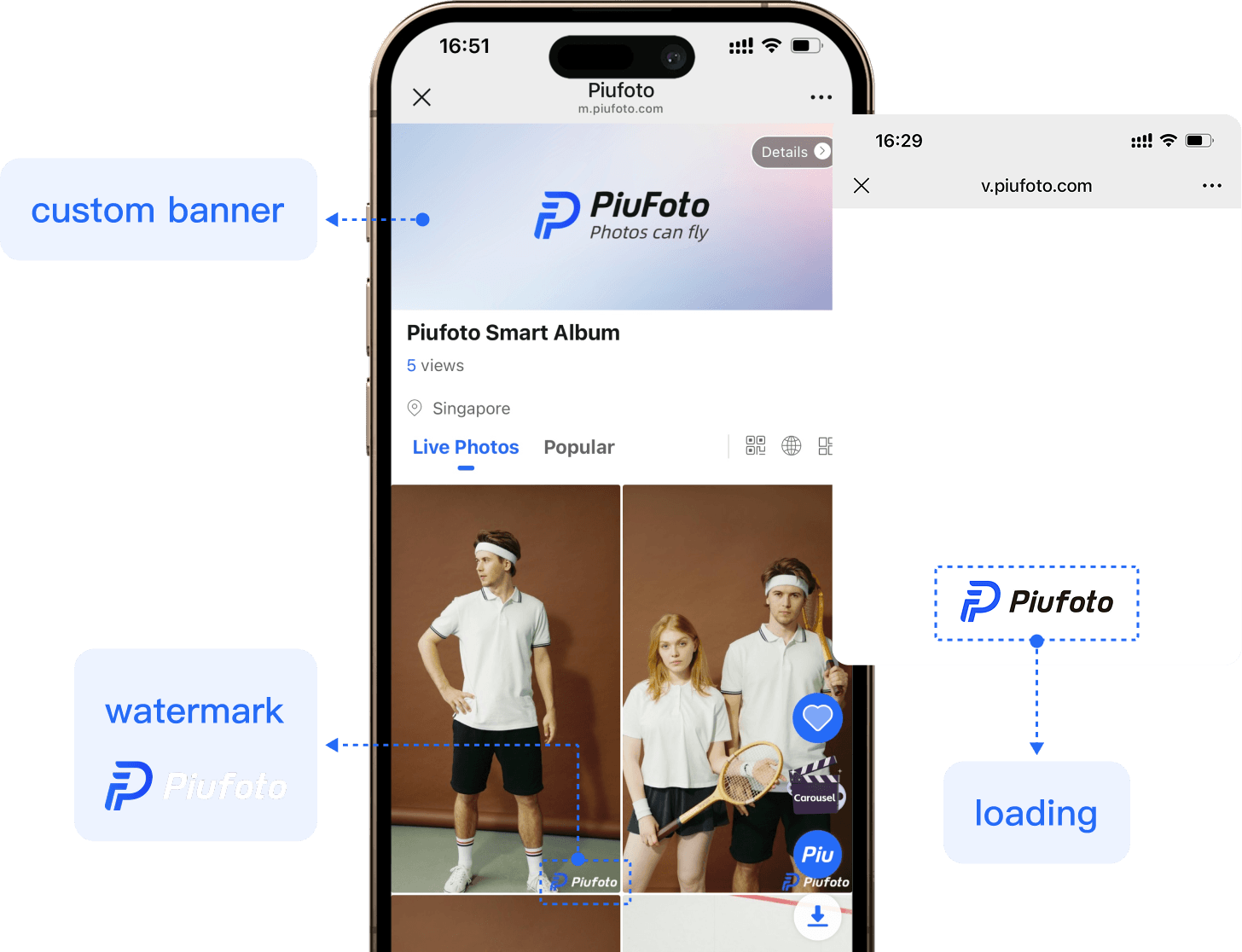 Branded gallery with custom banner, watermark, and loading screen