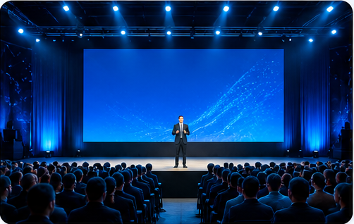 Conference stage with blue lighting and audience