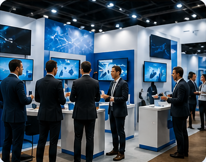 Trade show booth with event guests