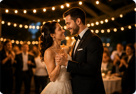 Wedding couple dancing under warm lights